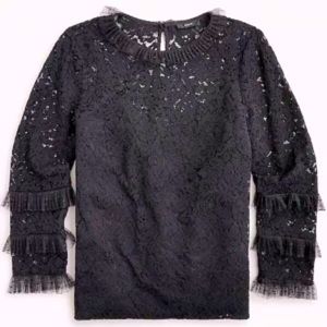 J.Crew Black Lace Blouse with Tulle Ruffle AU229